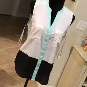 Ivanka Trump button front top, sleeveless, color block-pale green/white/…